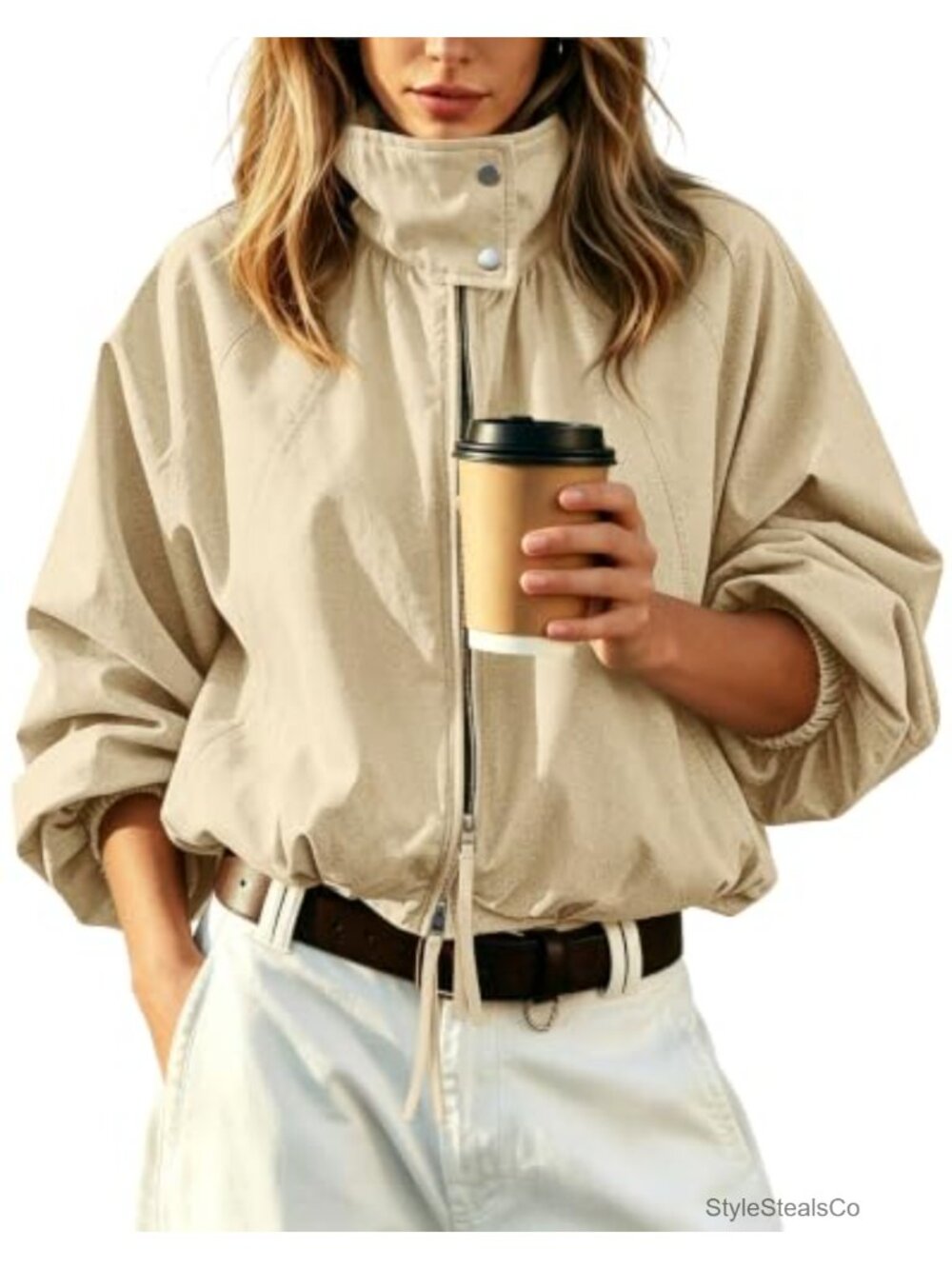 Women's Cropped Polyester Bomber Jacket Funnel Neck Zip-Up Pockets Lightweight